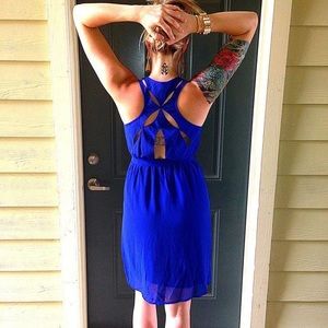 Royal blue dress with back detail and tie-waist
